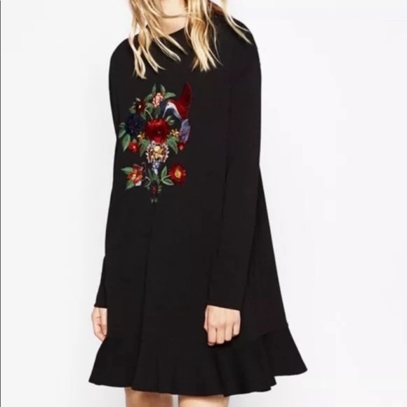 65Zara bohemian black embroidered midi dress with ruffles at the bo… - Picture 1 of 6